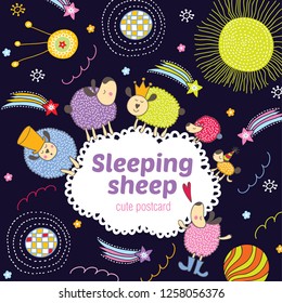 Lovely sleepy sheep. Cute vector set. Postcard.