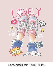 lovely slogan with girl's leg in sneakers and colorful icons vector illustration