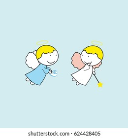 Lovely small angels on blue background