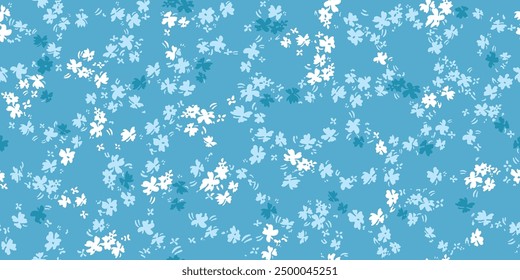 Lovely small stylized flowers in white to blue tones. Blue background. Cute patterns suitable for sewing women's clothes. Summer flowers. Fresh colors