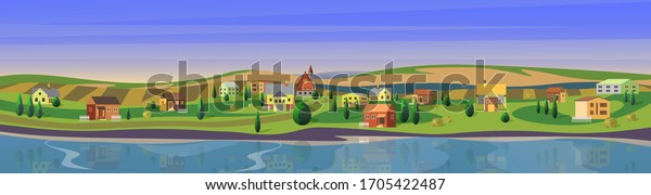 Lovely small town flat cartoon landscape\
countryside panorama background vector illustration. Wide clear\
calm river, houses between trees on riverside, large green fields.\
Small european city.