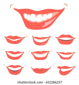 Lovely smiles set, isolated on white background. Vector illustration