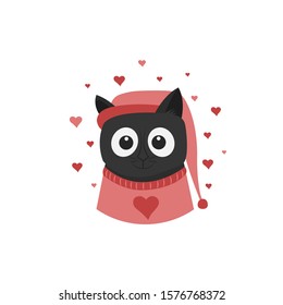 Lovely smiling cat or kitten and a lot of red hearts. Happy Valentines Day. Cute cartoon character. Flat cartoon style vector illustration