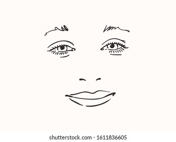 Lovely smiling girl face, Vector sketch close up, Hand drawn illustration