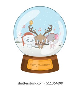 Lovely Snowglobe With  Polar Bear, Reindeer, Cat And Bird Singing Christmas Carols Inside