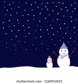 Lovely Snowman standing in the night of Snowy day before Christmas Hand Drawn Vector