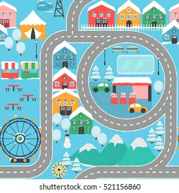 Lovely snowy city landscape car track seamless pattern play mat for children activity and entertainment. Winter city landscape with mountains, park, mall, buildings, plants and endless car road.