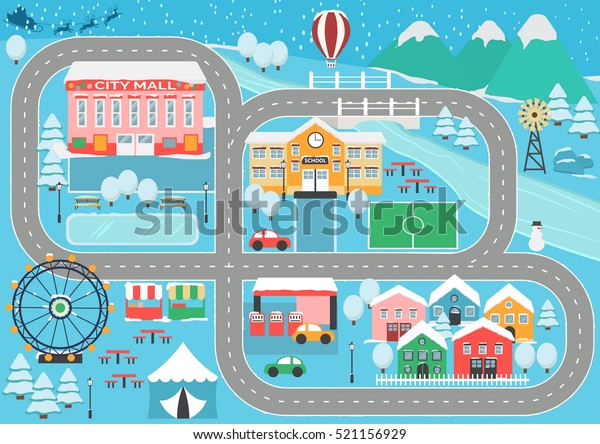 Lovely snowy city\
landscape car track play mat for children activity and\
entertainment. Winter city landscape with mountains, park, mall,\
buildings, plants and endless car\
road.
