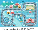 Lovely snowy city landscape train railroad play mat for children activity and entertainment. Winter city landscape with mountains, park, mall, buildings, plants and endless train rails.