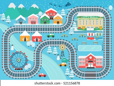 Lovely snowy city landscape train railroad play mat for children activity and entertainment. Winter city landscape with mountains, park, mall, buildings, plants and endless train rails.