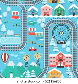 Lovely snowy city landscape train road seamless pattern play mat for children activity and entertainment. Winter city landscape with mountains, park, mall, buildings, plants and endless train rails.