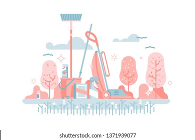 Lovely soft colors palette flat vector illustration on Spring Cleaning with cleaning supplies, trees and flowers