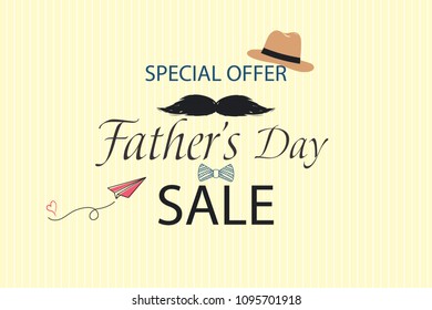 Lovely Special offer Father's Day sale promotion vector. Template for flyer, brochure, discount, Banner, Poster. Design with blue bow tie, hat, mustache, black glasses on bright background. 