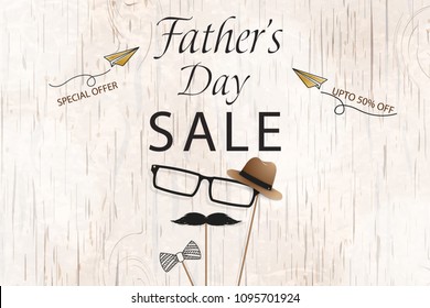 Lovely Special offer Father's Day sale promotion vector. Template for flyer, brochure, discount, Banner, Poster. Design with bow tie, hat, mustache, black glasses on wooden background.