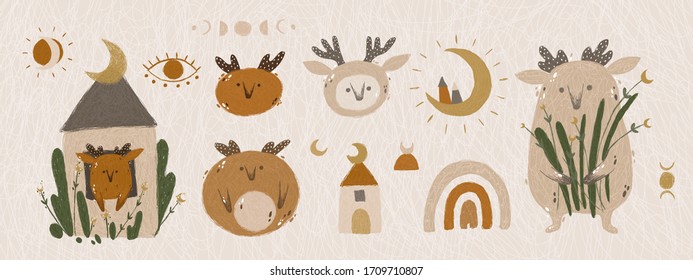 Lovely spirits of the wild forest. Print for wallpaper, fabric, postcard, flyer, template for design. boho style, scandinavian, modern kids room, baby