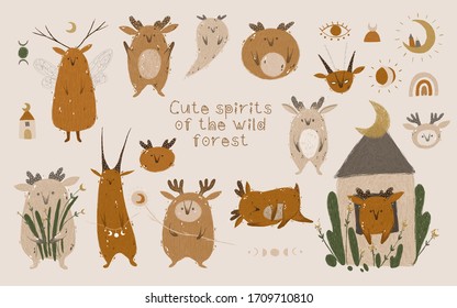 Lovely spirits of the wild forest. Print for wallpaper, fabric, postcard, flyer, template for design. boho style, scandinavian, modern kids room, baby