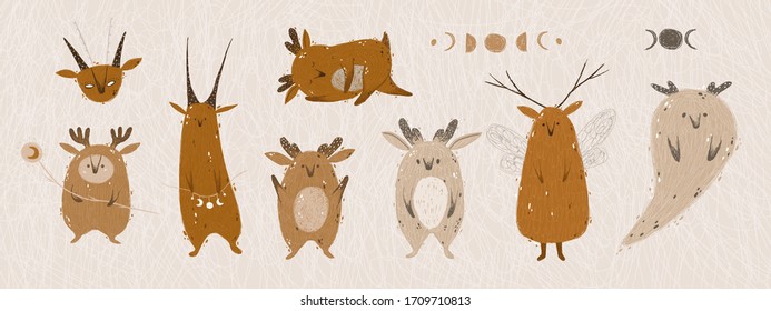 Lovely spirits of the wild forest. Print for wallpaper, fabric, postcard, flyer, template for design. boho style, scandinavian, modern kids room, baby