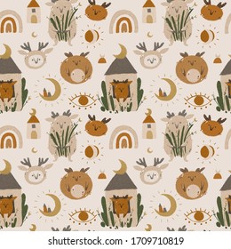 Lovely spirits of the wild forest. Print for wallpaper, fabric, postcard, flyer, template for design. boho style, scandinavian, modern kids room, baby