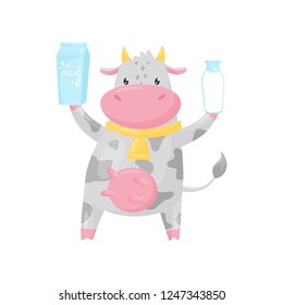 Lovely spotted cow with bottle and paper box of milk, funny farm animal cartoon character vector Illustration on a white background
