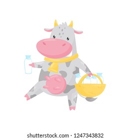 Lovely spotted cow carrying a basket of milk bottles, funny farm animal cartoon character vector Illustration on a white background