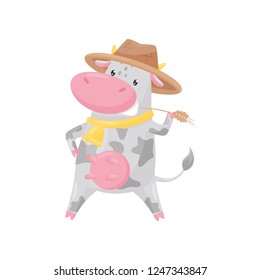 Lovely spotted cow with golden bell wearing hat, funny farm animal cartoon character vector Illustration on a white background