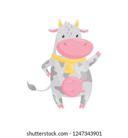 Lovely spotted cow with golden bell, funny farm animal cartoon character vector Illustration on a white background