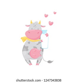 Lovely spotted cow hugging a bottle of milk, funny farm animal cartoon character vector Illustration on a white background Lovely spotted cow hugging a bottle of milk, funny farm animal cartoon character vector Illustration on a white background