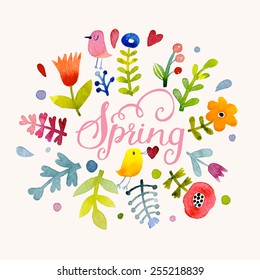 Lovely spring concept card. Awesome flowers and birds made in watercolor technique. Bright romantic card with summer flowers in vector.  Charming Save the Date background