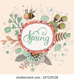 Lovely spring concept card. Awesome flowers and bee made in watercolor technique. Bright romantic card with summer flowers in vector. Charming Save the Date background