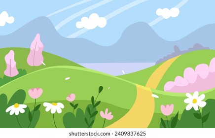 Lovely Spring Landscape. Spring Season Background with Green Hills, Blooming Trees, Flowers, Mountains and Lake. Flat Cartoon Vector Illustration.