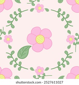 Lovely Spring Pink Flowers Scroll Bud and Leaf. Bright Cute Nature Seasonal Green and Pastel Tone Seamless Pattern Vector. Doodle Hand draw Garden, cartoon, embroidery, background, fabric, textile,rug