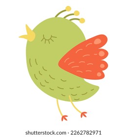 Lovely spring small bird. Flying green sparrow with red wings. For cute kids stickers and illustrations