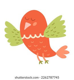 Lovely spring small bird. Flying red sparrow or dove with green wings. For cute kids stickers and illustrations