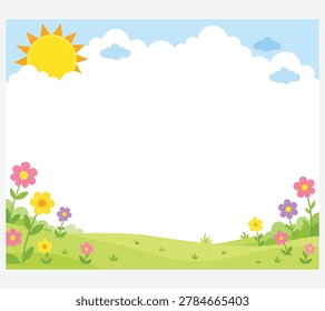 Lovely spring summer field background featuring colorful flowers, green grass, and sunny blue sky for kids.