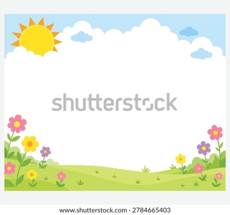 Lovely spring summer field background featuring colorful flowers, green grass, and sunny blue sky for kids.