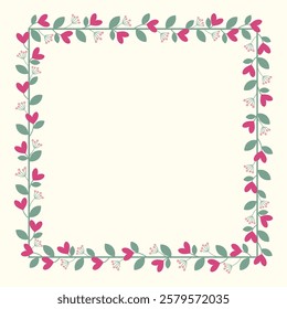 Lovely Square Border Frame With Pink Love Flowers And Green Leaves