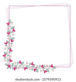 Lovely Square Borders Frame With Love Pink Flowers And Leaves