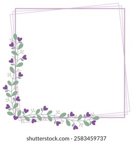 Lovely Square Borders Frame Or Wreath With Leaves And Love Purple Flowers