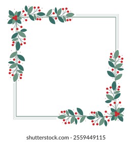 Lovely Square Frame With Red Cherry Berries And Green Leaves