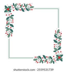 Lovely Square Frame Or Wreath With Green Leaves And Red Cherry Berries