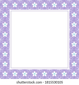 Lovely square scarf design with simple flowers. White and mint green on violet background. Line illustration for textile, fabric, greeting card frame, fashion. Vector floral backdrop with nature tune