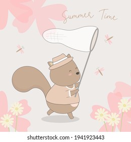 Lovely squirrel wearing hat and chases catch dragonfly in flower garden with a net on summer holidays. Hand drawn style flat vector illustration, Animal Cartoon Character in Summer time concept 