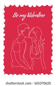 Lovely St. Valentines Day vector greeting postcard with silhouette of kissing couple on a red background. Be my Valentine