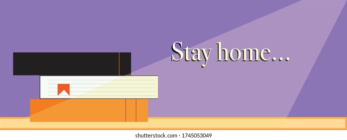 Lovely stay home banner with three books on wood shelf. Transparent, warm yellow lamp light hits on books and text. Eps 10. 