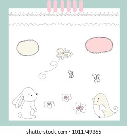 Lovely stickers with animals rabbit and bird and additional elements.