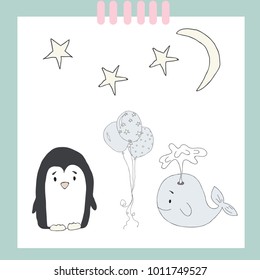 Lovely stickers with animals whale and penguin and additional elements.