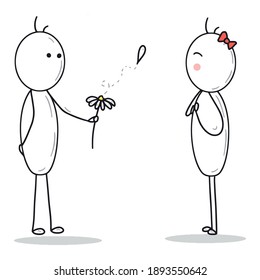Lovely stickman and woman isolated on white background. Man is giving a bouquet and flower chamomile with flying petal. BEginning of the relationship. Simple black stick people isolated on white