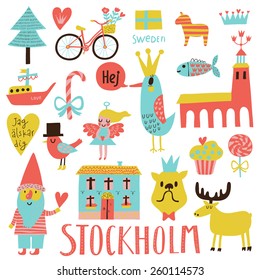 Lovely Stockholm Sweden set in vector. Sweet stylish scandinavian set with house, church, gnome, birds, moose, bicycle, horse and other Stockholm symbols in bright colors