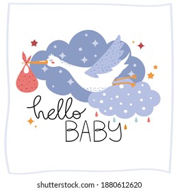 Lovely stork bringing a baby. Bird carrying a newborn. Clouds and stars. Hand drawn childish illustration for nursery poster, baby shower, greeting card, invitation, t-shirt, children room decor.