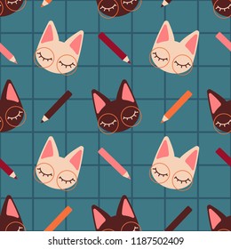 Lovely studiying kitten vector pattern in warm vintage colors on blue checkered background, seamless repeat. Trendy clean cartoon style. Great for stationery design, fabrics, cards, packaging etc.